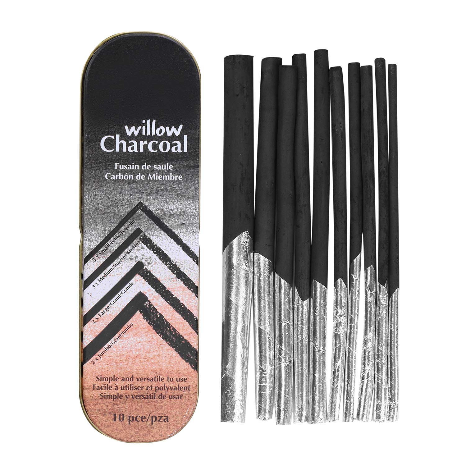 10pcs Artist Charcoal Pencils Willow Charcoal Drawing Sticks Professional Assorted Sketch Bar with Metal Box for Students Artists Beginners Blending Shading Sketching Coloring