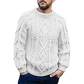 Mens Cable Knit Pullover Sweater Winter Crew Neck Long Sleeve Ribbed Vintage Sweaters