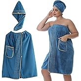 Wokuaile Plus Size Towel Wrap for Women, Shower Wrap Spa Bathrobe Bath Towels Body Wrap After Shower with Hair Drying Towel, Blue