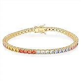 GEMSME 3.0MM Tennis Bracelet for Women-Rainbow Cubic Zirconia Bracelet,14K White/Yellow Gold Plated Multi Colored Round Cut CZ Tennis Link for Jewelry Gift