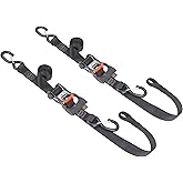 PowerTye 1.5in x 6.5ft Ergonomic Locking Ratchet Soft-Tye Straps with Heavy-Duty Latch Hooks - Made in USA - 1,000 lb. Working Load Limit / 3,000 lb. Breaking Strength - Black/Black (Pair)