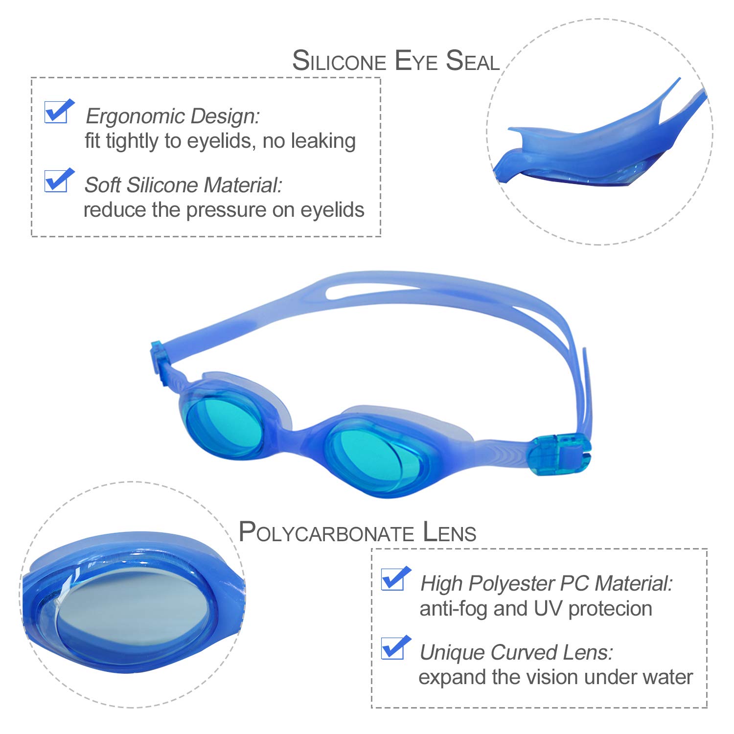 Traling Kids Swimming Goggles, Swim Goggles for Children Boys Girls Anti Fog UV Protection No Leak (Blue)