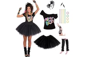 LEADTEX Women's 80's Costumes with Accessories Set Tutu Skirt Earrings Necklace Bracelets Fishnet Gloves Legwarmers Headband All in …