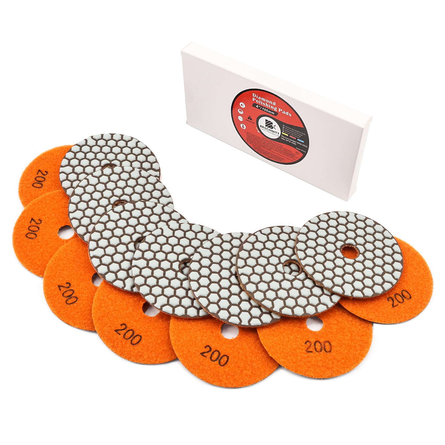 Dry Diamond Polishing Pad Set BRSCHNIT7 pcs 100mm #200 for Stone Marble Quartz Granite Sanding Disc Countertop Polish Polisher Pads Kit Tools used on Grinder or Polisher