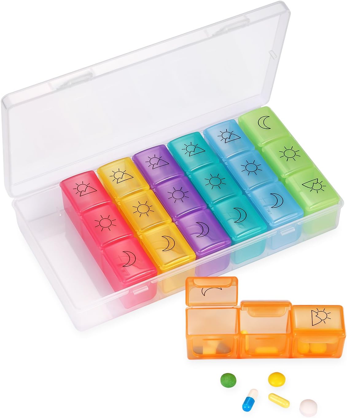 Pill Organizer Weekly 3-Times-A-Day Pill Box 7 Day Portable Travel Prescription & Medication Pill Case Daily Pill Container for Vitamin Fish Oil Compartments Container Supplements - Rainbow