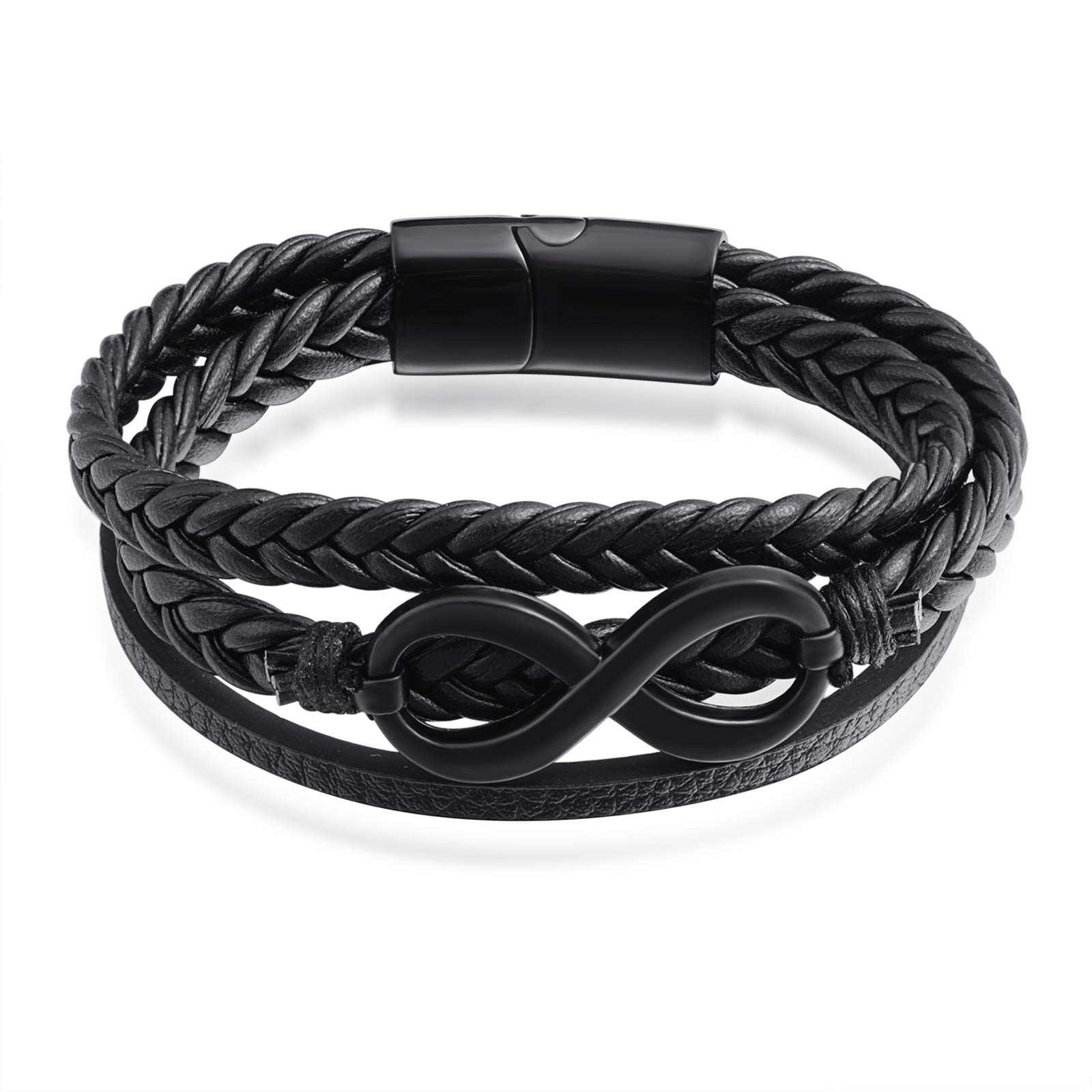 Men's Multilayer Woven Leather Bracelet, Infinity Symbol Stainless Steel Bracelets, Stainless Steel Magnetic Buckle, Black, Christmas Birthday Gift