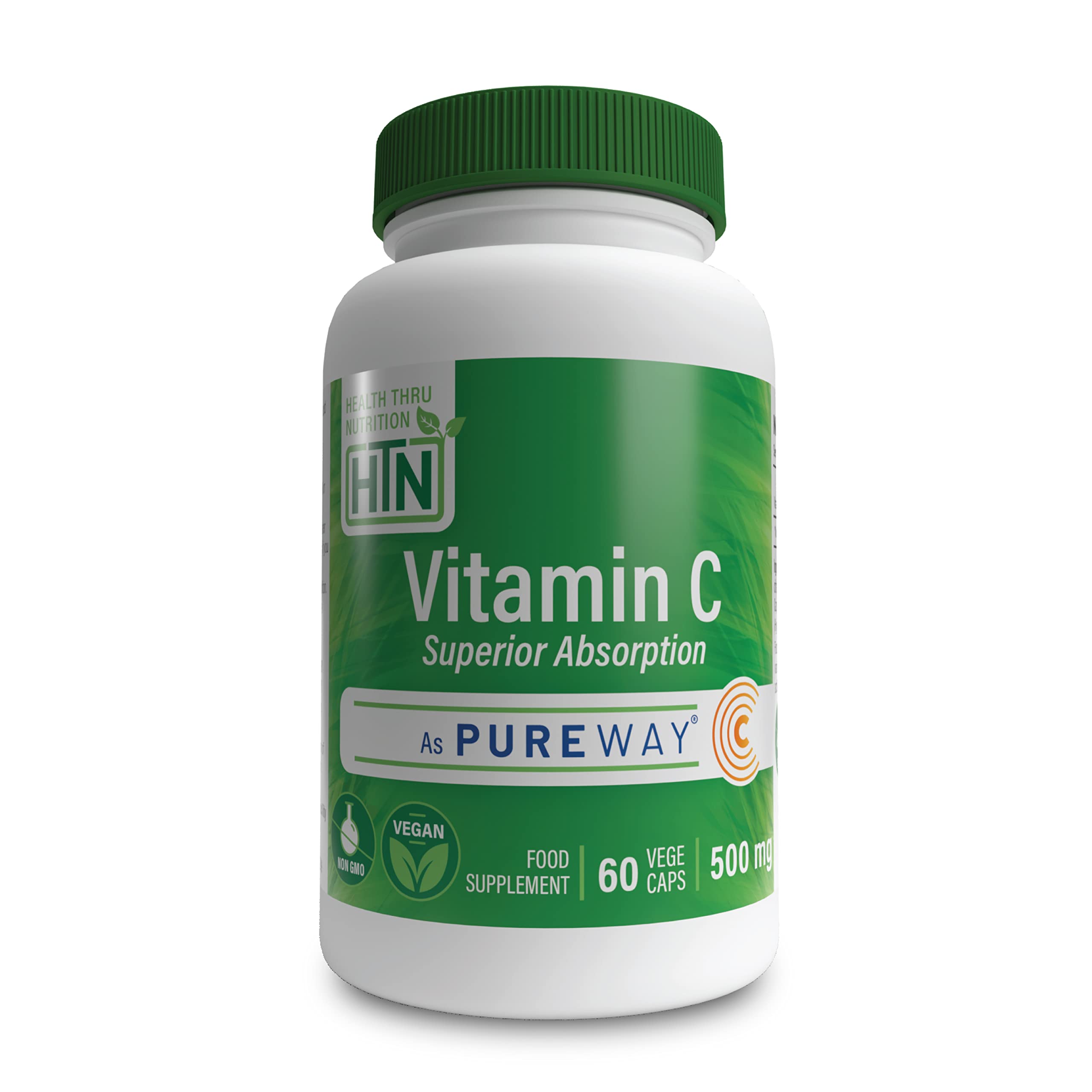 Superior Absorption Vitamin-C 500mg as PureWay-C® (60 vegecaps) Non GMO and USA Made by Health Thru Nutrition (60)