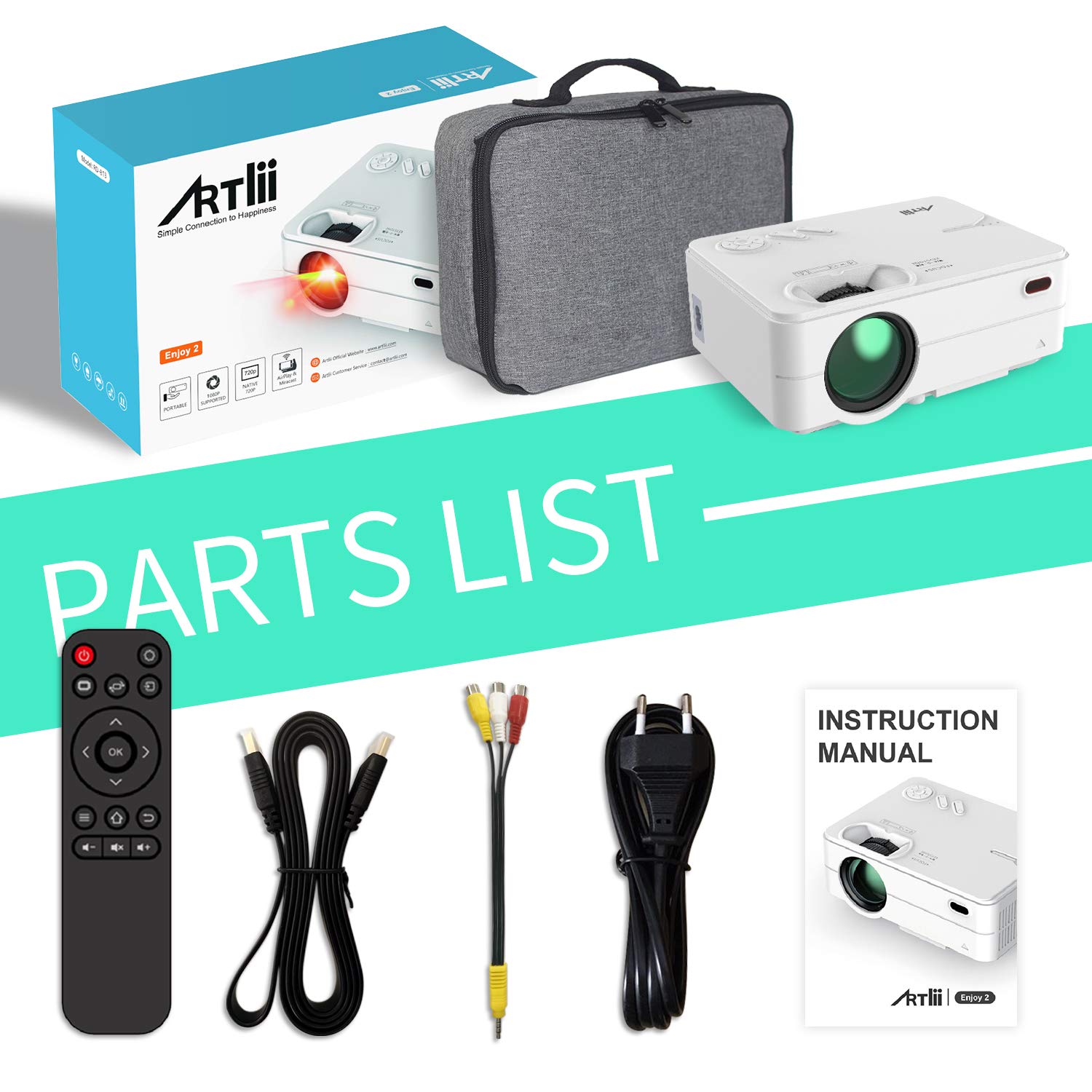 Mini Projector, Artlii Enjoy2 WiFi Bluetooth Projector, 1080P Full HD Supported, Keystone, WiFi Screen Mirroring, Portable Movie Projector Compatible with iOS, Android, TV Stick, HDMI, USB