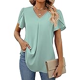 Funlingo Women's Summer Tops Short Sleeve Dressy Chiffon Blouses V Neck Work Tunic Tops Casual Loose T-Shirts
