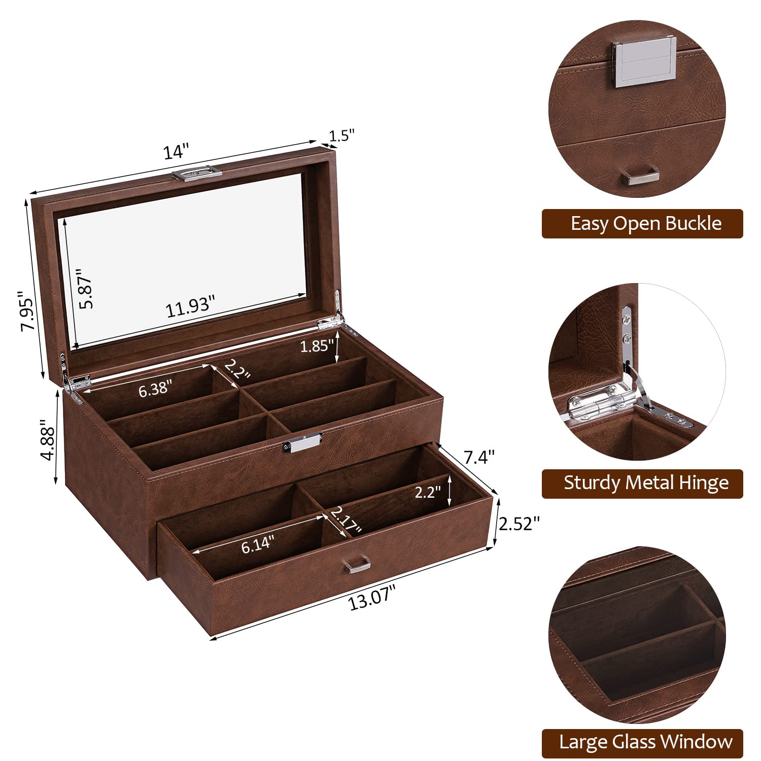 BEWISHOME Sunglasses Organizer, 12 Slots Sunglasses Case for Women Men, Eyeglasses Eyewear Display Case with Clear Glass Top, Faux Leather,Brown SSH48Z