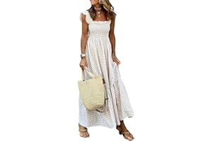 RANPHEE Womens Summer Sleeveless Square Neck Plaid Gingham Ruffle Smocked Midi Flowy A Line Beach Vacation Sun Dresses