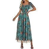 Simplee Womens Floral Maxi Dresses 2026 Spring Square Neck Mesh Short Sleeve Smocked Boho Flowy Wedding Guest Dress