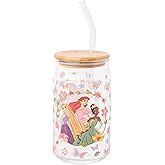 Silver Buffalo Disney Princesses Featuring Rapunzel Tangled, Ariel Little Mermaid, Tiana Princess and the Frog Spring Floral Glass Jar Tumbler with Bamboo Lid and Glass Straw, 16 Ounces