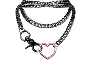 paloli Women's Slip Chain Rainbow Heart O-Ring Chunky Chain Necklace, Rays Cuban Long Layered Jewelry, Adjustable Lariat Y-Necklace Heart Loop Choker