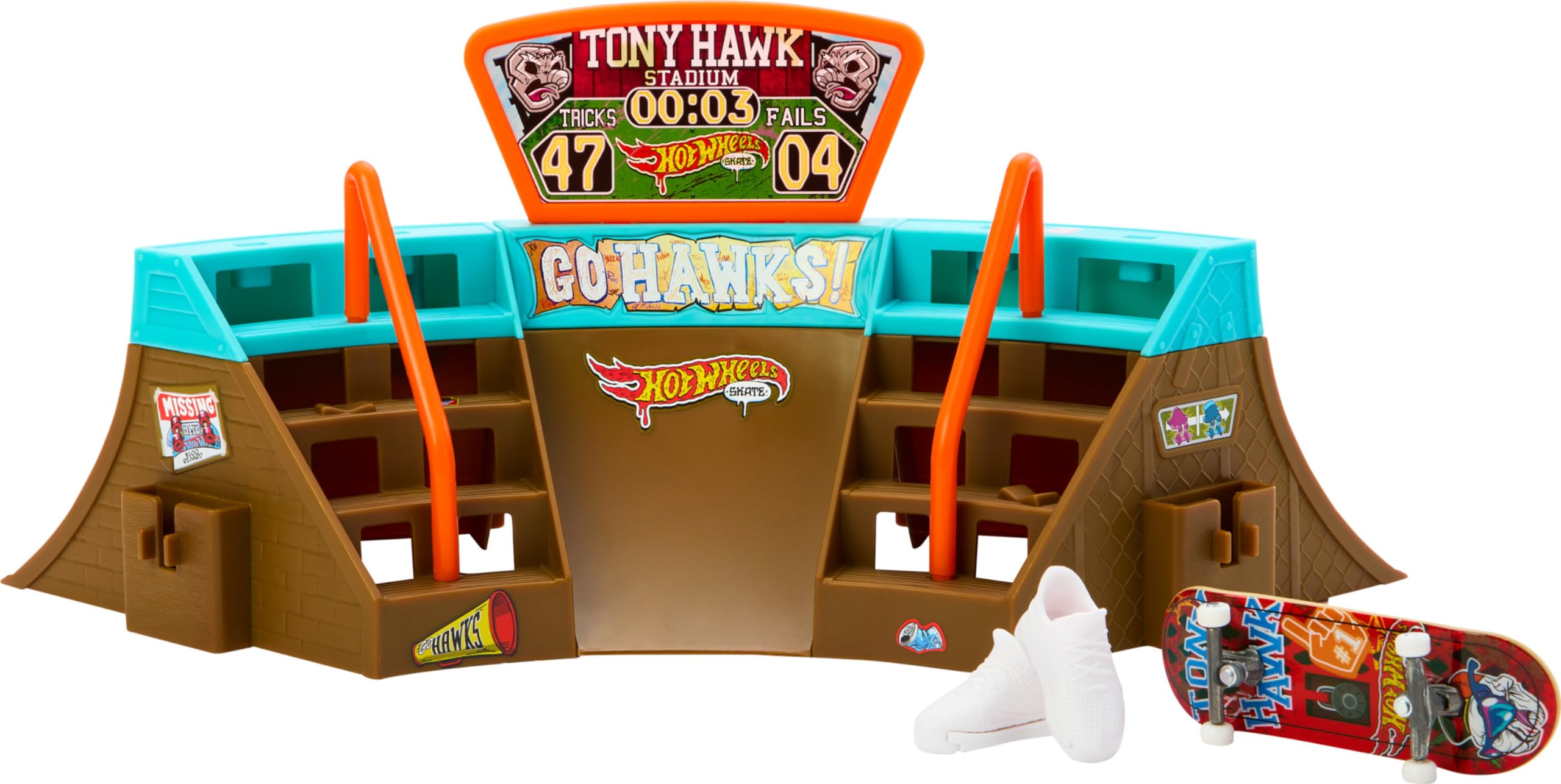Hot Wheels Skate Stadium Playset Designed with Tony Hawk, 1 Exclusive Fingerboard & Pair of Skate Shoes, Plus Storage