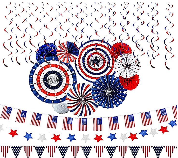 eBoutik - Patriotic Party Decorations Set – Red White Blue 4th of July Decor Paper Fans, American Flag Bunting, Hanging Swirls & Stars – USA Independence Day Memorial Veterans Day