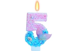 FAUAOY Mermaid Themed Birthday Candles, Number 5 Girls Glitter Birthday Party Supplies,Anniversary Party Decor,2.87 inch Cake Topper Decorations (Mermaid Themed, Number 5)