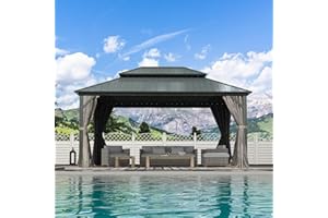 DOMI OUTDOOR LIVING Domi 12’ X 16’ Hardtop Gazebo Canopy with Netting & Curtains, Outdoor Aluminum Gazebo with Galvanized Steel Double Roof for Patio Lawn and Garden, Gray