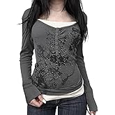 Y2k V Neck Floral Tops Women Fairy Grunge Vintage Long Sleeve Top 2000s Emo Graphic Cute Teen Girls Clothe