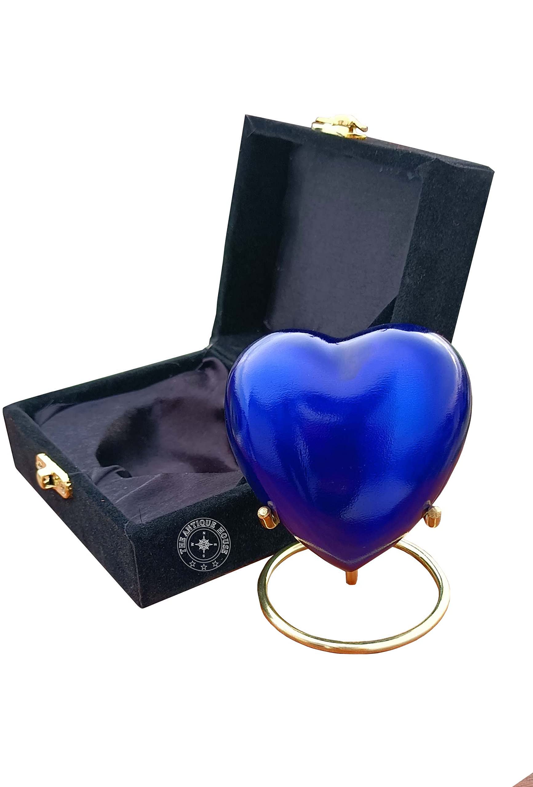 Blue Cremation Urn for Ashes Keepsake Heart Urn with Black Box and Brass Stand Mini urn for Your Loved one Adult & Funeral Burial for Adults and Infants