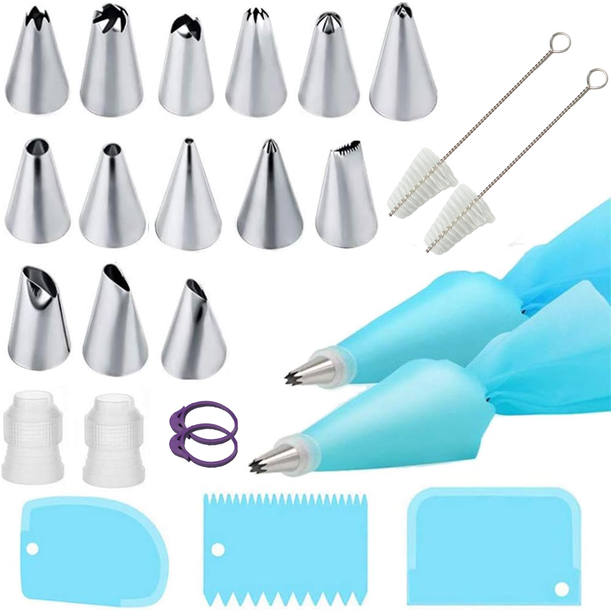 Silicone Piping Bags, 23 pcs Stainless Steel Nozzles Set with Coupler, 2 Reusable Icing Piping Bag with 2 Cleaning Brush & 3 Dough Scrapers for Decorating Cakes, Pastries & Cupcakes