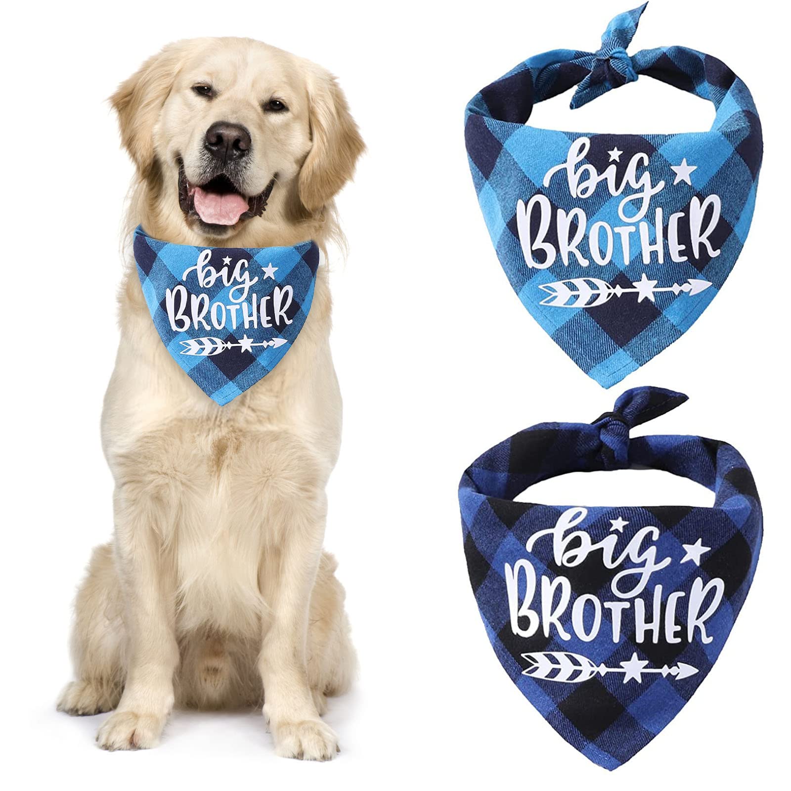 URROMA Lake Blue and Black Blue Plaid Dog Bandana Scarf, 2 Packs Pregnancy Announcement Dog Bandana Adjustable Triangle Dog Bibs Scarf