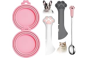 Comtim 5 PCS Pet Food Can Lids & Spoons Set - Silicone Dog Cat Covers With Multi-Function Spatula Opener for Wet Food - Long Handle Easy to Scoop