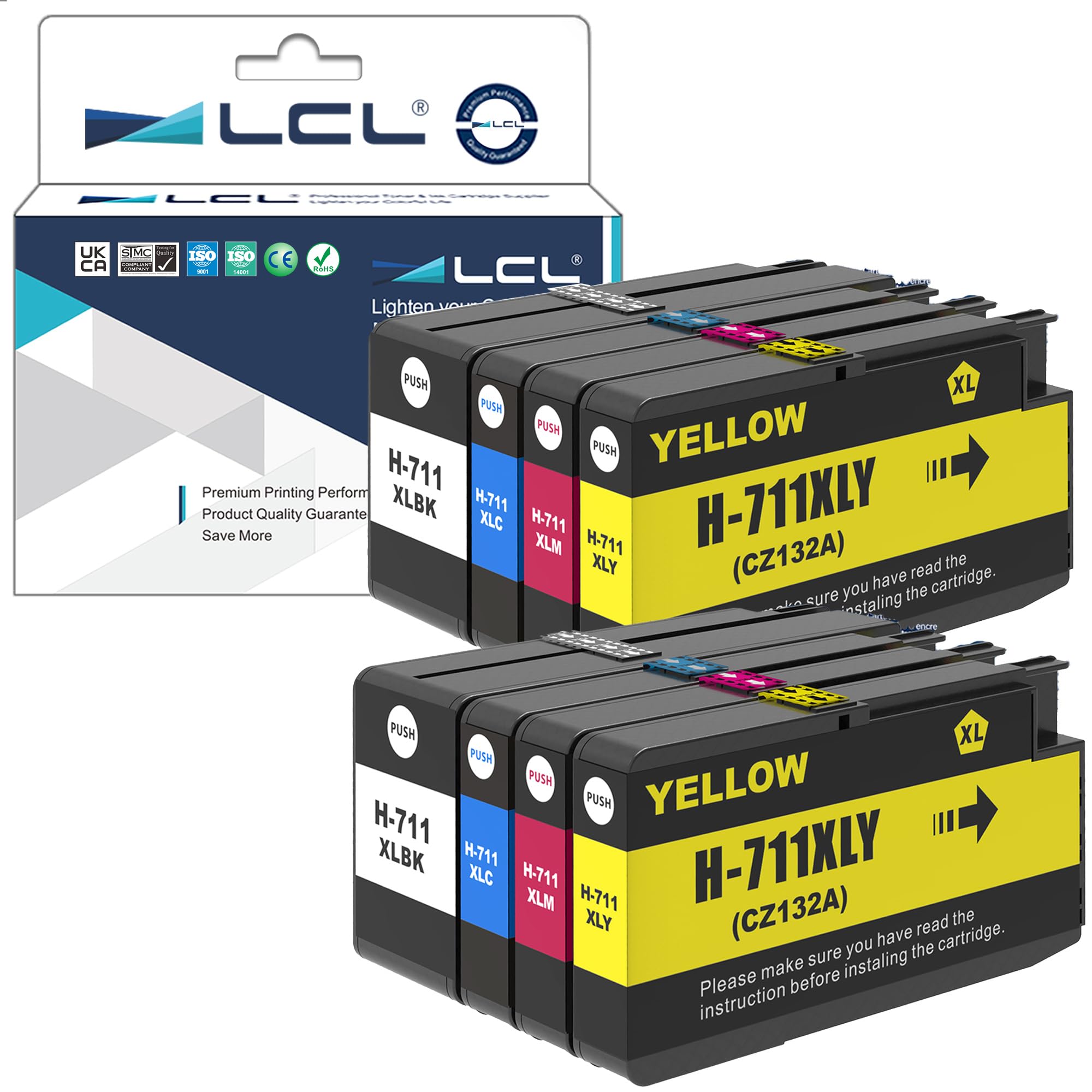 LCL 711XL High Yield Ink Cartridge Replacement for HP 711 711XL 711 XL for HP T120 24 T120 610 T520 24 T520 36 T520 610 T520 914 T125 24 T530 T130 T525 (2BK 2C 2M 2Y)