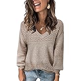 FEKOAFE Womens Sweaters 2026 Fall V Neck Long Sleeve Hollow Knit Pullover Sweaters for Women