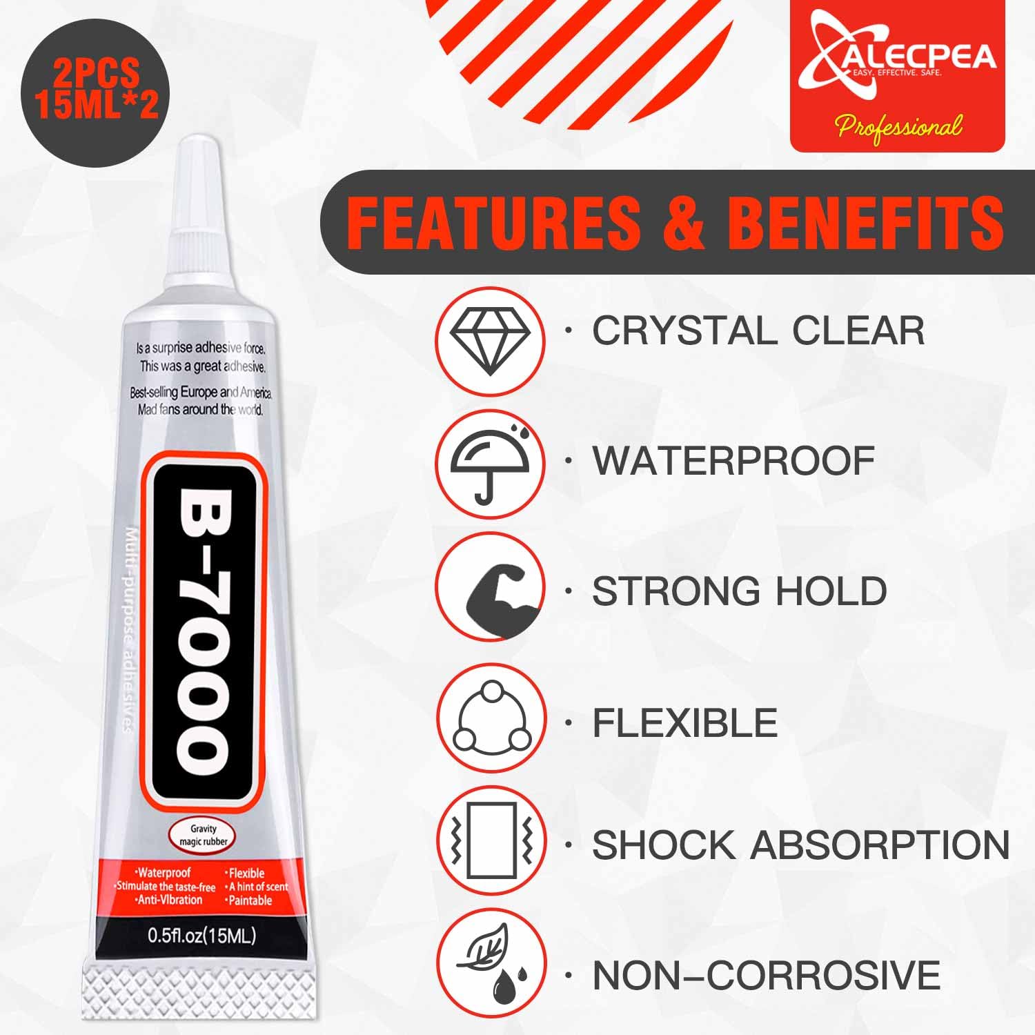 B-7000 Craft Glue for Jewelry Making - 15ml/0.5oz (2 Pack) - Multi-Function B-7000 Super Adhesive Glues Liquid Fusion Glue for Rhinestones Crafts, Clothes Shoes, Fabric, Jewelry Making, Cell Phones