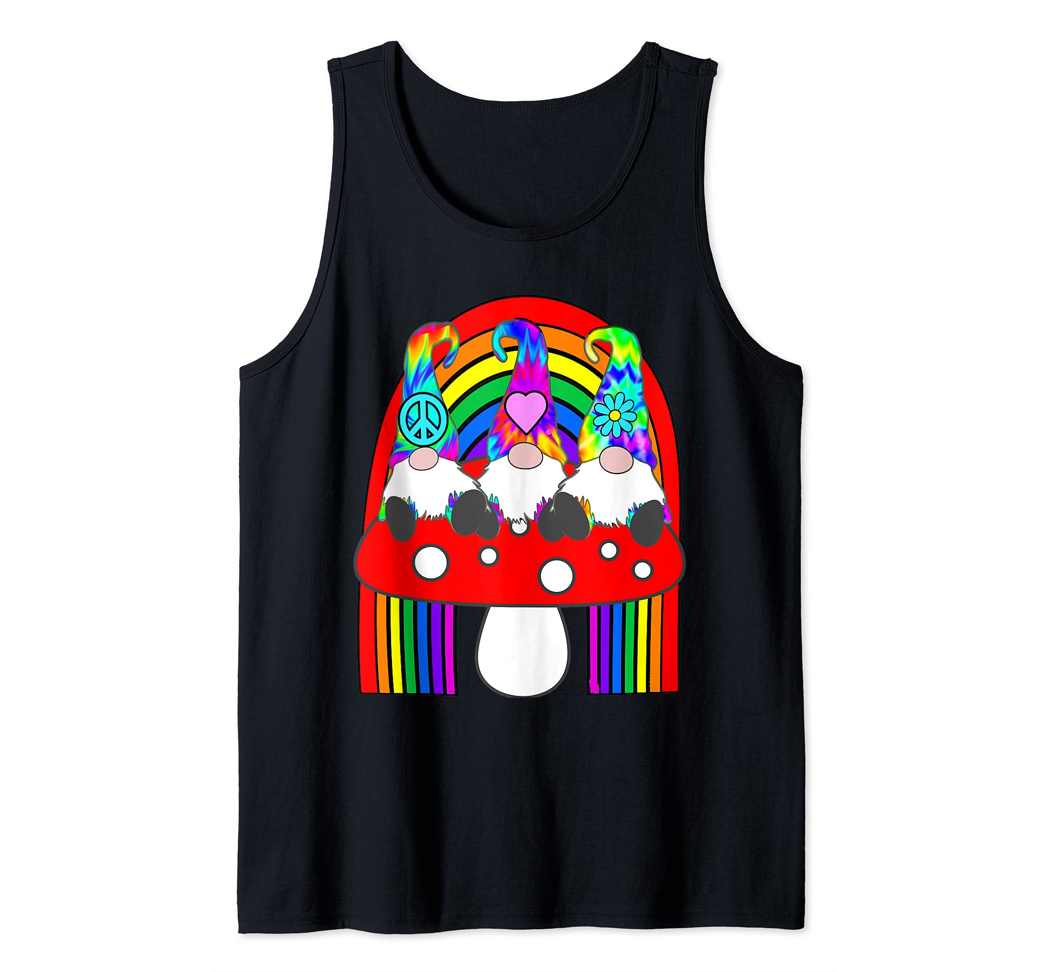 3 Hippie Gnomes on Mushroom Under Rainbow Whimsical Tank Top