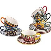 Henten Home 8.5 oz Cup with Saucers Set, Ceramic Coffee Mug Set of 6, Colorful Porcelain Cup for Latte, Tea, Cappuccino, Hot Cocoa, Espresso, Microwave & Dishwasher Safe