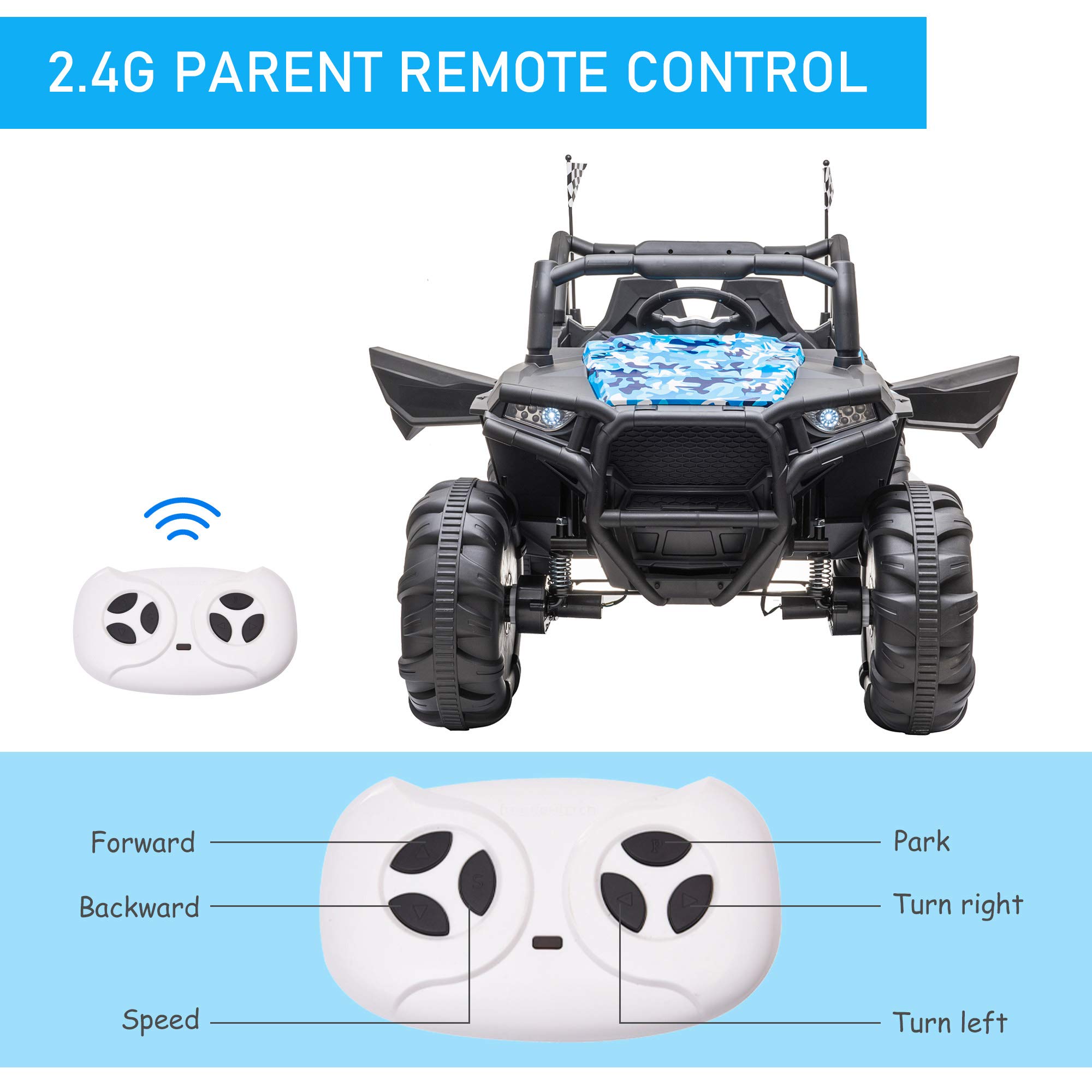 Aosom 12V Kids Ride On Car Electric Off-Road UTV Truck Toy with Parental Remote Control, Suspensions, USB, Bluetooth, 3 Speeds & 4 Motors, Camo Blue