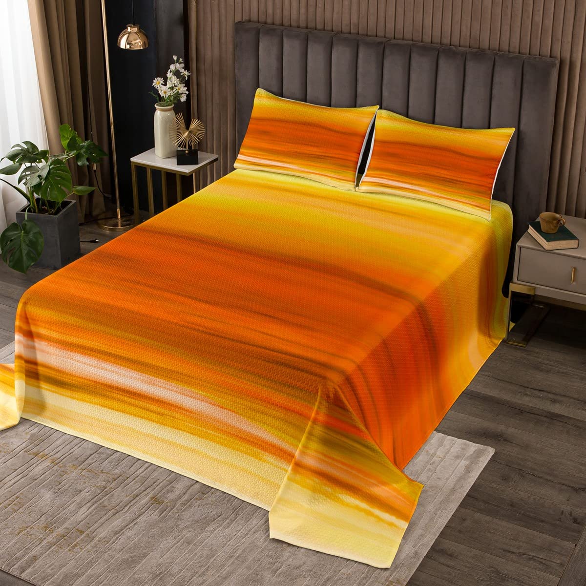 Homemissing Yellow Coverlet Set Gradient Yellow Orange Quilted Bedspread Modern Coverlet for Boys Girls Teens Minimalist Lines Double Size