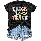 Halloween Teacher Shirt Women Teach T-Shirt Funny Letter Print Tshirts Fall Tee Top Teacher Gift