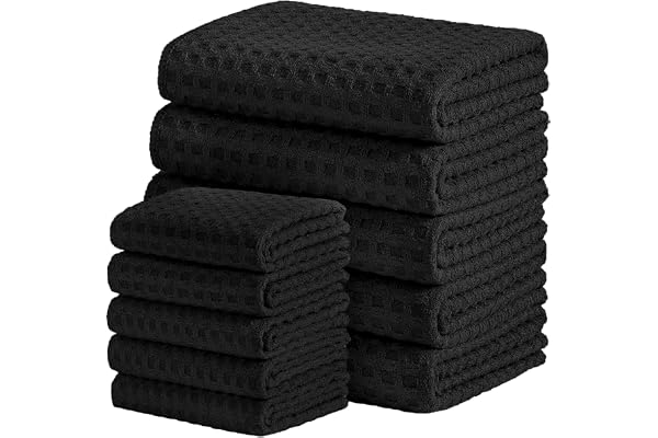 Waffle Weave Kitchen Towels and Dishcloths Set, 26 X 18 Inch and 12 X 12 Inch, Set of 10 Black Lint Free Dish Towels for Dryi
