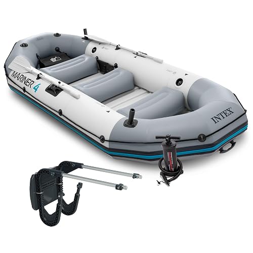 Incept Raft Intex Mariner 4 Inflatable Raft River/Lake Dinghy Boat Set & Motor ...