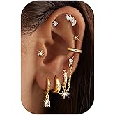 LOLIAS Hypoallergenic 14K Gold Plated Hoop Stud Earring Stacks for Women Trendy - Chain Cartilage Earrings Cute Silver Huggie Earrings Sets for Multiple Piercing Jewelry Lightweight 8Pairs