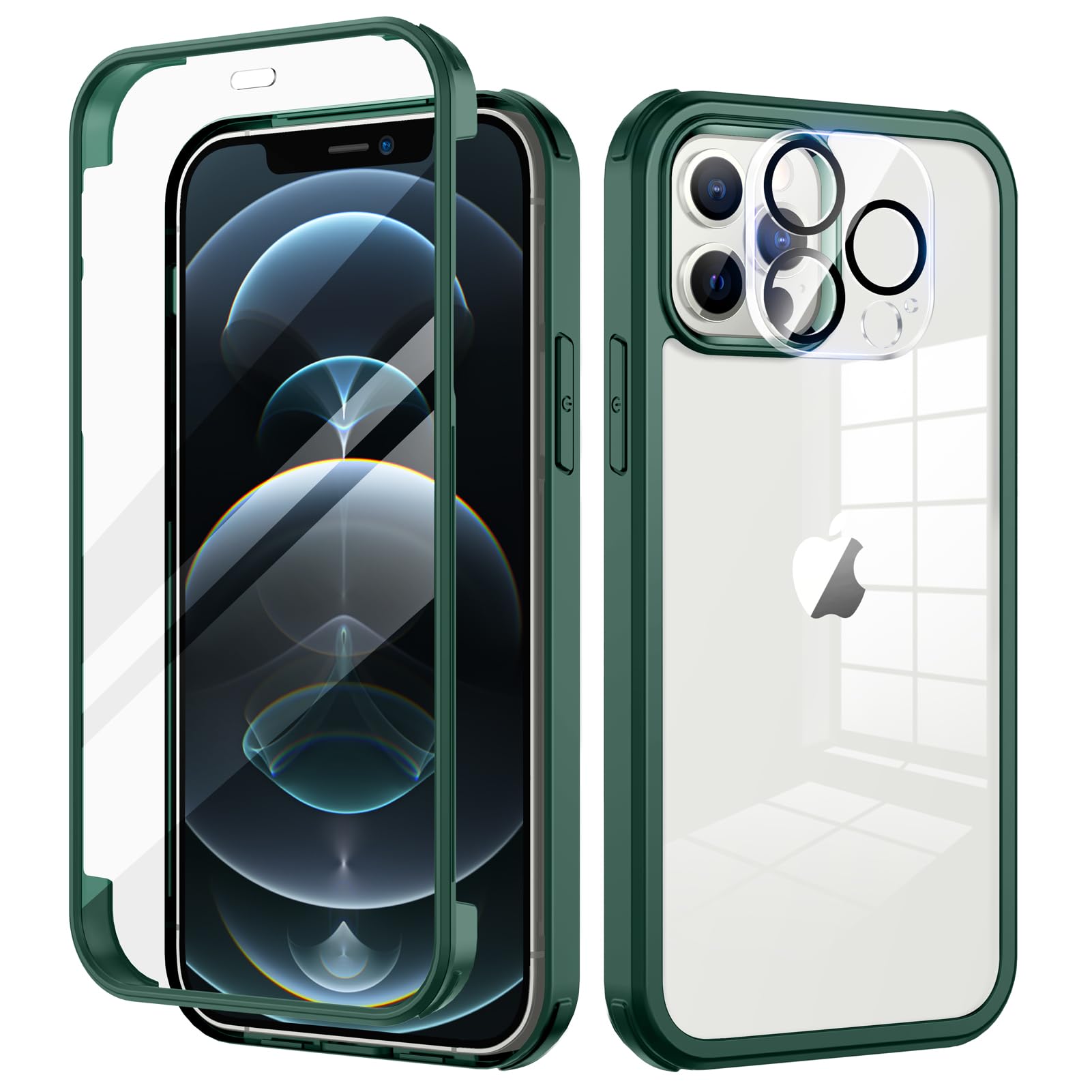 seacosmo for iPhone 12 Pro Max Case 6.7 Inch, Full-Body Shockproof Case with Built-in Glass Screen Protector and Camera Lens Protector Rubber Bumper Case Cover for iPhone 12 Pro Max- Green/Clear