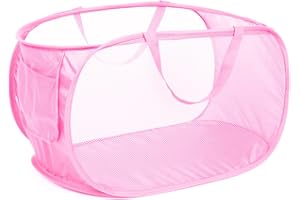 BATTOO Durable Collapsible Laundry Baskets, Mesh Pop Up Laundry Hamper with Handy Pocket, Foldable Large Space Clothes Hamper with Reinforced Carry Handles for Bathroom, Laundry, Kids Room or Travel Pink