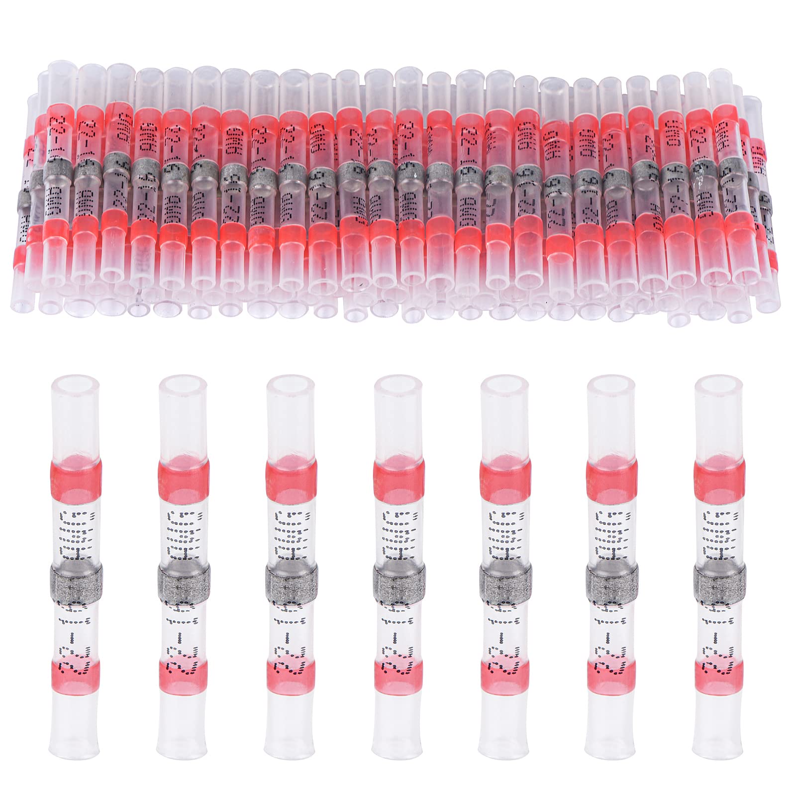 100 PCS Solder Seal Wire Connectors Heat Shrink Solder Butt Connectors Waterproof Insulated Electrical Butt Splice Wire Terminals, Red 22-16 AWG