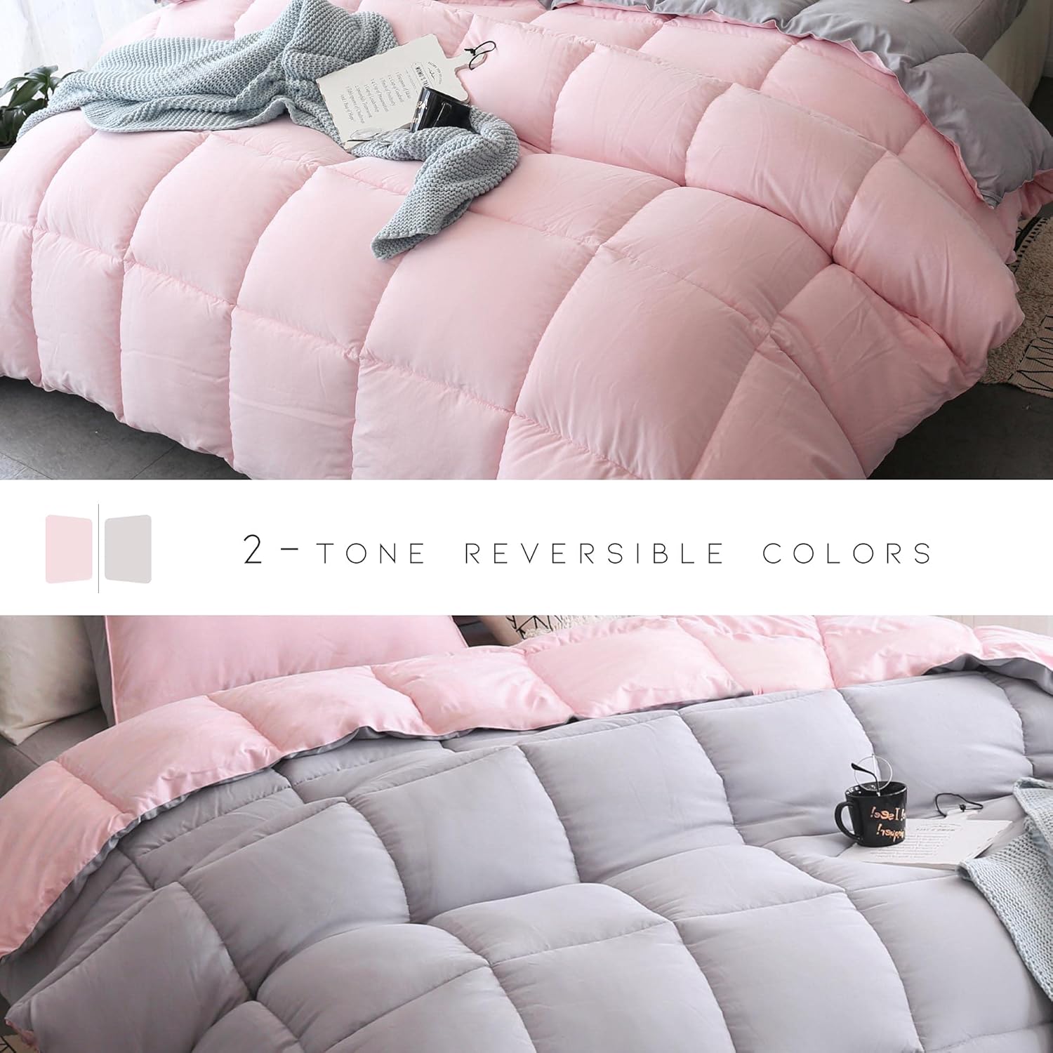 KASENTEX All Season Down Alternative Quilted Comforter Set with Sham(s) - Reversible Ultra Soft Duvet Insert Hypoallergenic Machine Washable, Queen, Pink Potpourri/Quartz Silver: Home & Kitchen