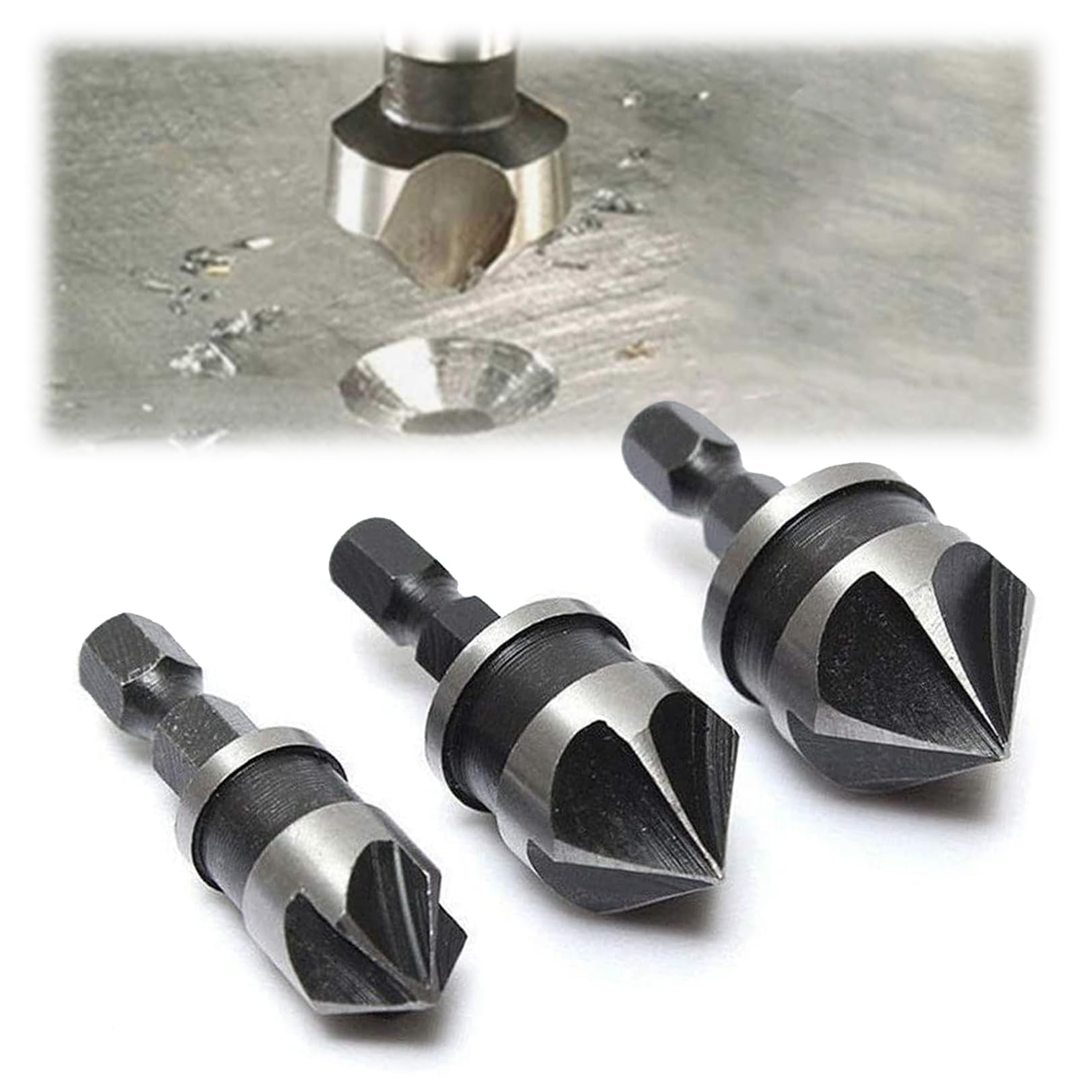 3 Pieces 1/4 Inch Hex Shank 5 Flute 90 Degree Chamfering Countersink Drill Bit Set,12mm/16mm/19mm Countersink Drill Bit 5 Flute 90 Degree Woodworking Countersink Bits