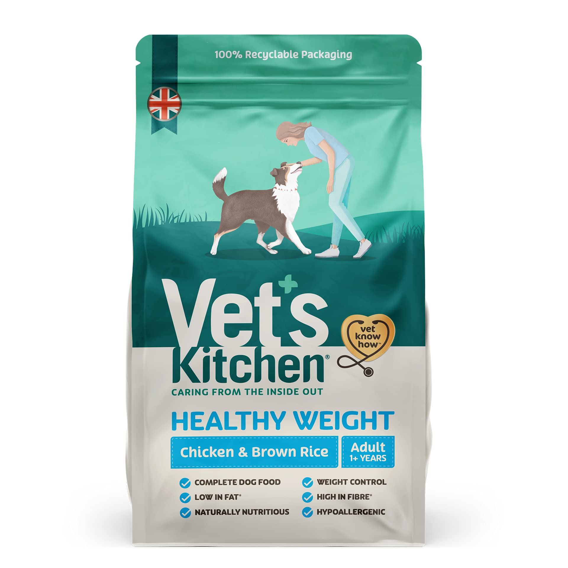 Vet's Kitchen Healthy Weight Complete Dry Low Fat Adult Dog Food, Chicken & Brown Rice - Hypoallergenic with Added Health Benefits for Weight Control (7.5kg)