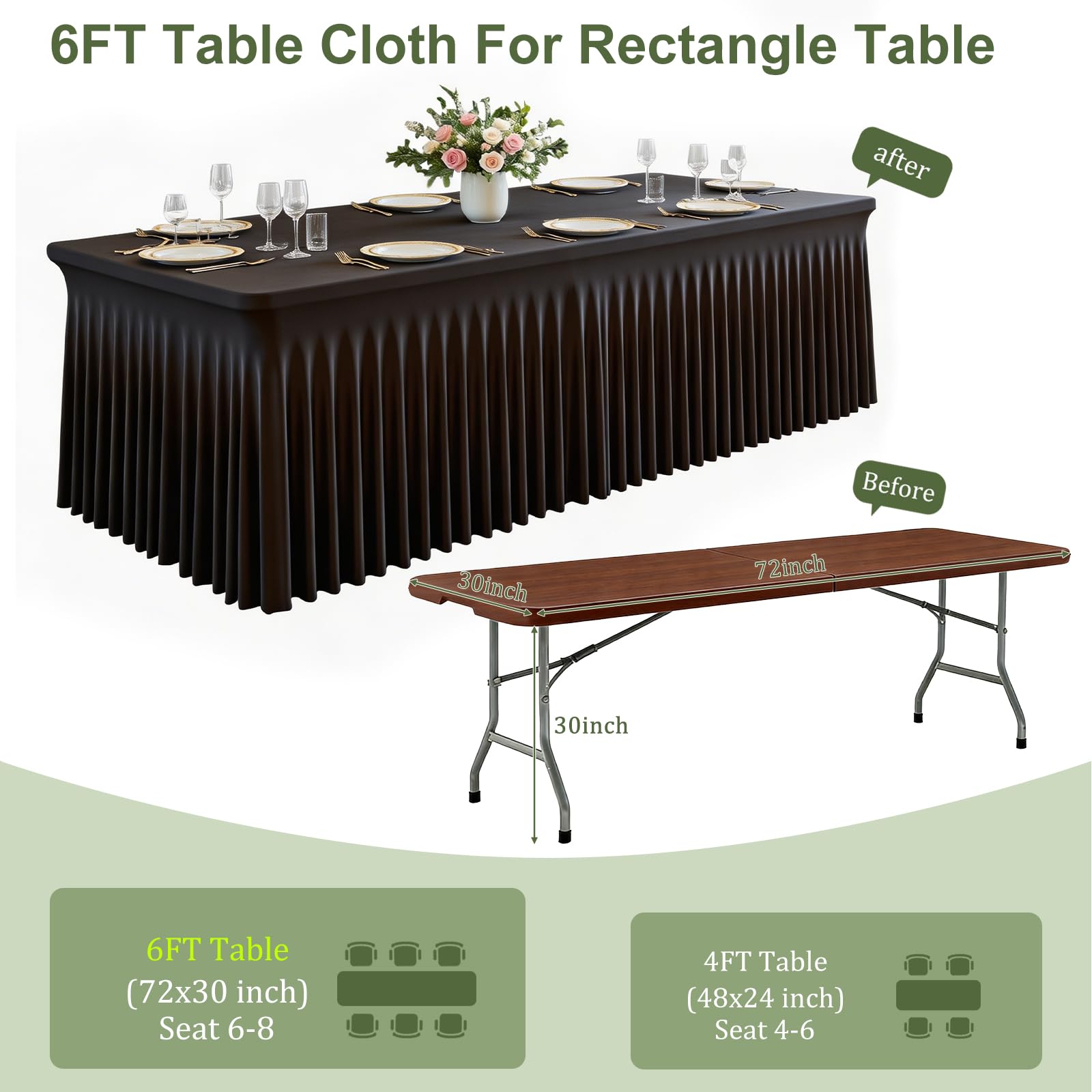 Condition photo showing New/Like New for haefoo 2 pack black spandex table clothes for 6ft rectangle tables, wrinkle free fitted table cover