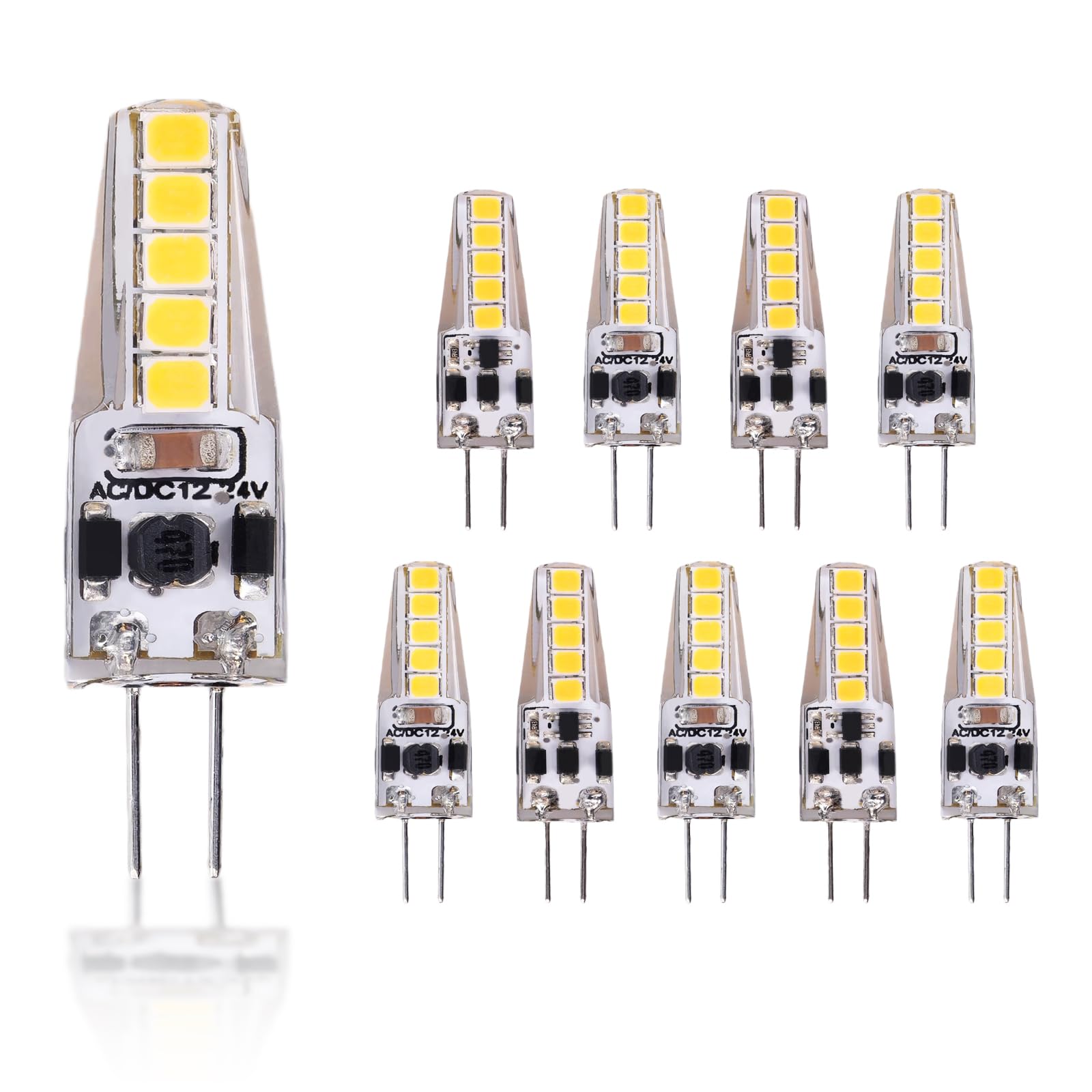 Photo 1 of Flylin 10Pcs G4 LED Light Bulbs, 2W Dimmable Bi-pin G4 Base LED Bulb with 3000K Warm White Lighting, AC/DC 12V-24V G4 Bulbs Replacement for Landscape Home Lighting Stair Path Lights