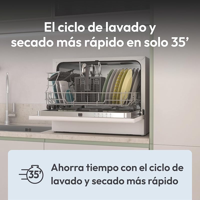 CP 6E51LW Lavavajillas de sobremesa Pequeño y Compacto, 6 Servicios, Digital, 51DBA, 5 Ciclos, Media Carga, Inicio Diferido, Indicador Sal y Abrillantador, Indicador Fin de Ciclo, Blanco