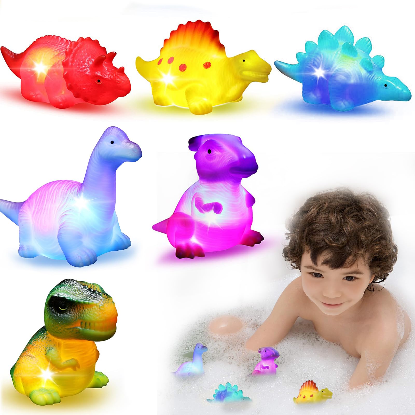 Bath Toys for Kids - Light Up Dinosaur Bath Toys Gifts for 1-6 Year Old Boys Girls, Sensory Toys for Toddlers, Baby Birthday Gifts, Easter Gifts, Fun Dinosaur Toys for Bath Time