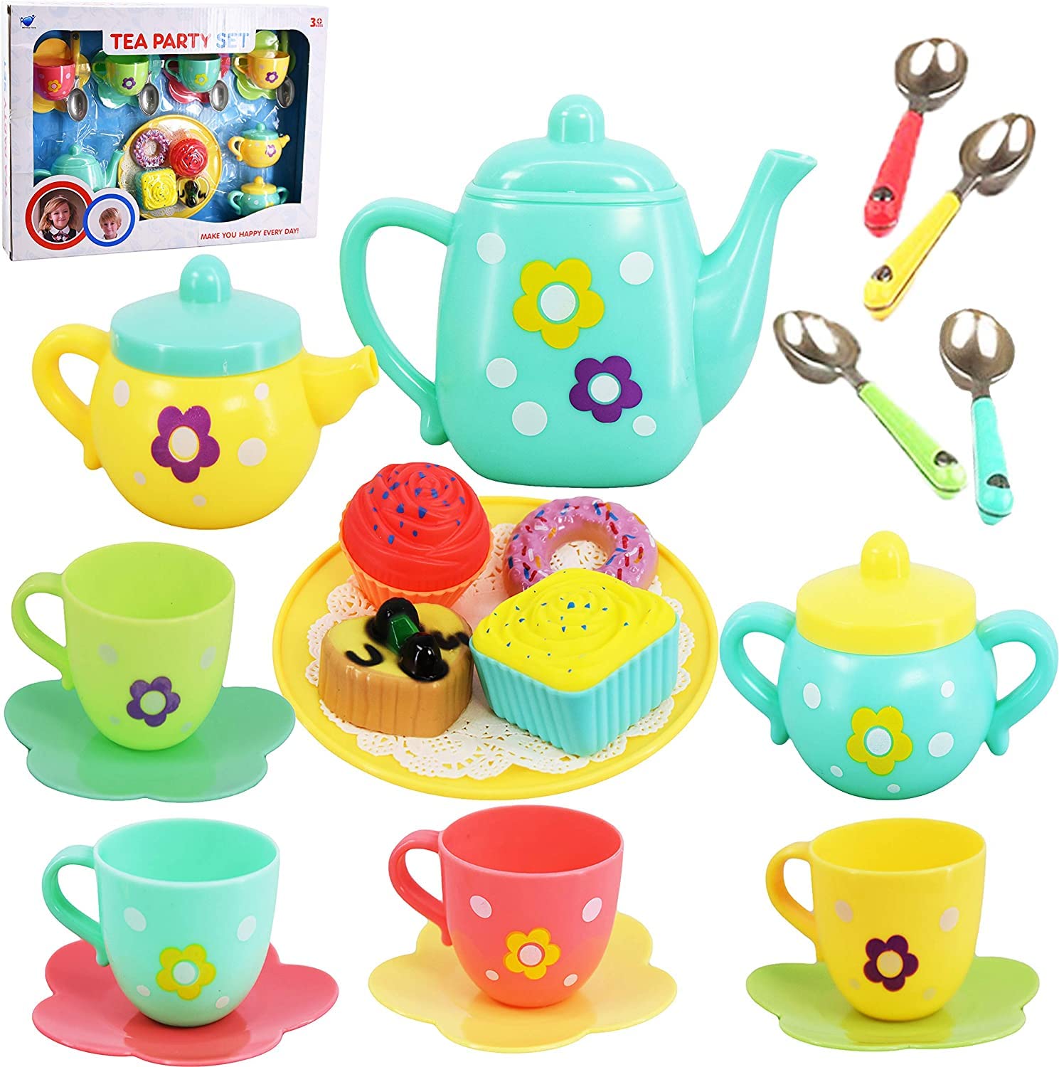 The Magic Toy Shop 20 Piece Kids Tea Set for Girls & Boys - Role Play Toy, Includes Play Food, Bright & Colourful, Plastic - Tea Parties, Social Learning, Birthday