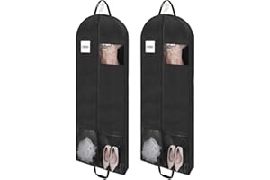 Belinlen 2 Pack 65" Long Garment Bags for Dress Travel Garment Bag with 4" Gusseted Wedding Dress Cover with 2 Mesh Pockets and 2 Carry Handles(Black)